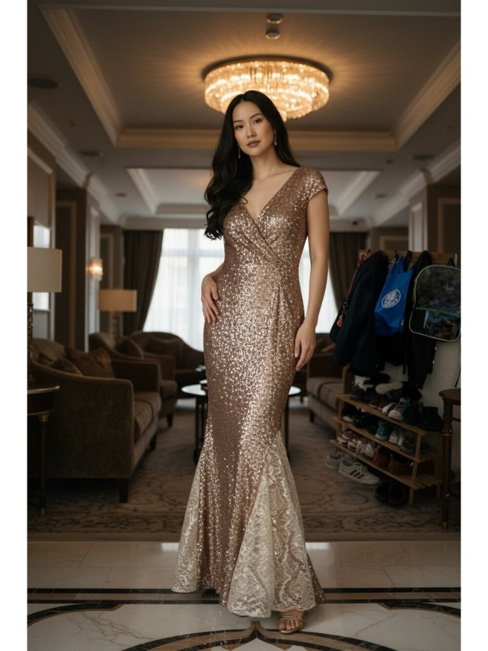 Sold THEIA Sequined Long Gown Dress 6 Gold Mermaid Lace Crinoline Prom Evening